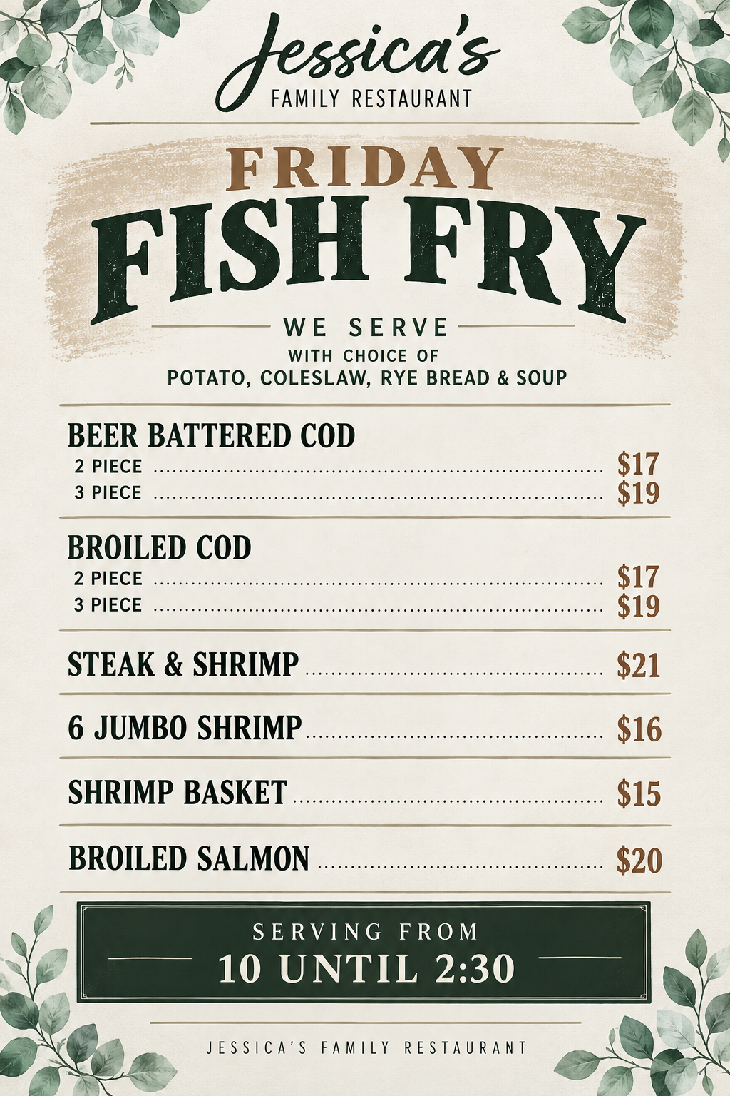 Jessica's Friday Fish Fry menu showing cod, steak and shrimp, jumbo shrimp, shrimp basket and broiled salmon